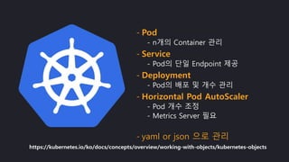 - Pod
- n개의 Container 관리
- Service
- Pod의 단일 Endpoint 제공
- Deployment
- Pod의 배포 및 개수 관리
- Horizontal Pod AutoScaler
- Pod 개수 조정
- Metrics Server 필요
- yaml or json 으로 관리
https://kubernetes.io/ko/docs/concepts/overview/working-with-objects/kubernetes-objects
