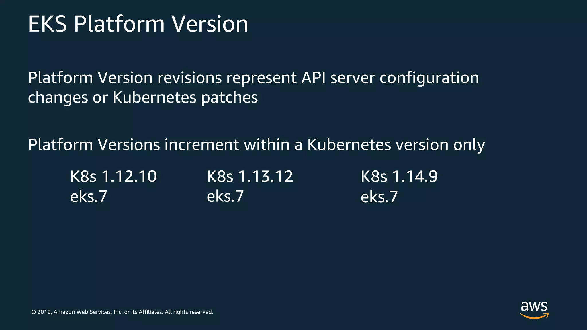 © 2019, Amazon Web Services, Inc. or its Affiliates. All rights reserved.
EKS Platform Version
Platform Version revisions represent API server configuration
changes or Kubernetes patches
Platform Versions increment within a Kubernetes version only
 