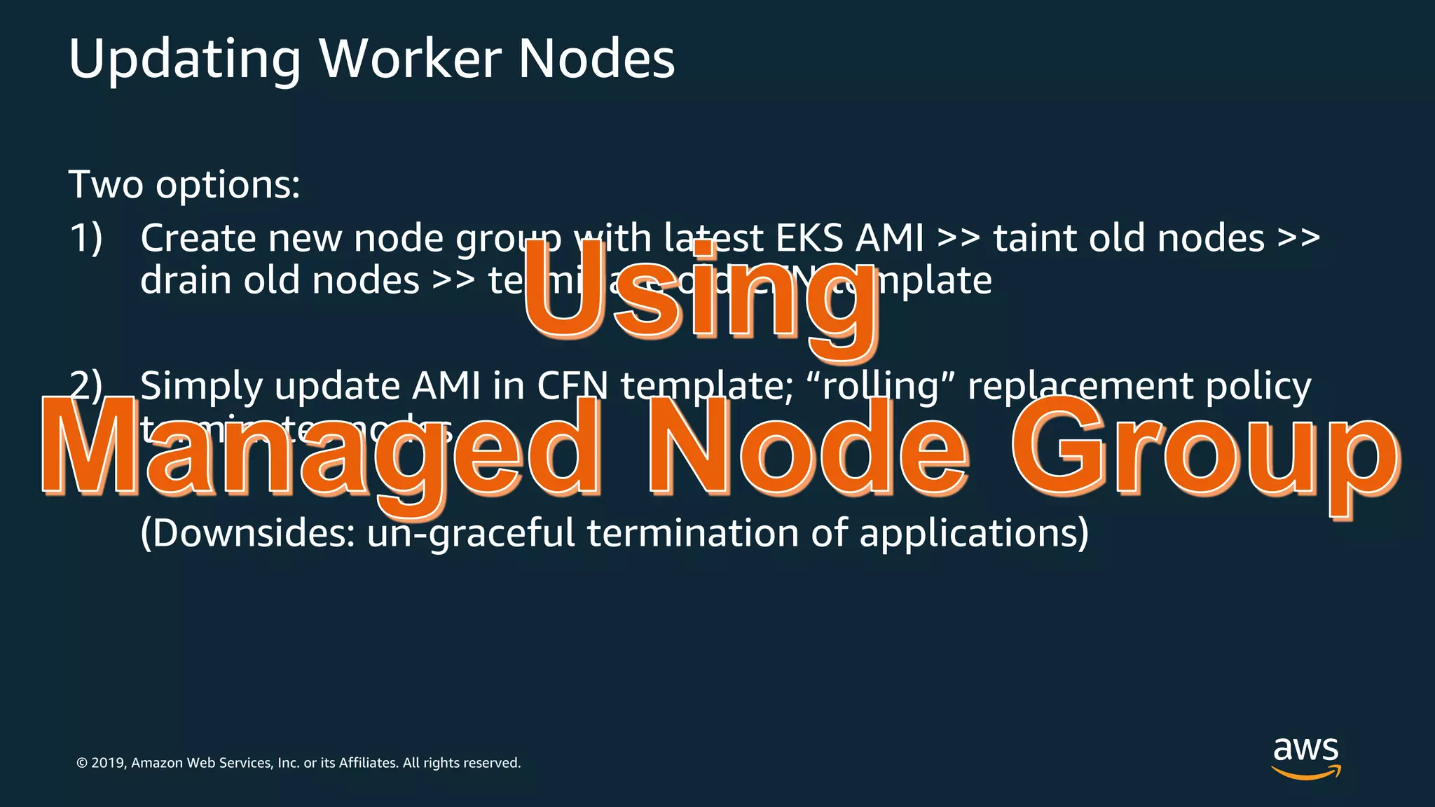© 2019, Amazon Web Services, Inc. or its Affiliates. All rights reserved.
Updating Worker Nodes
Two options:
1) Create new node group with latest EKS AMI >> taint old nodes >>
drain old nodes >> terminate old CFN template
2) Simply update AMI in CFN template; “rolling” replacement policy
terminates nodes
(Downsides: un-graceful termination of applications)
 