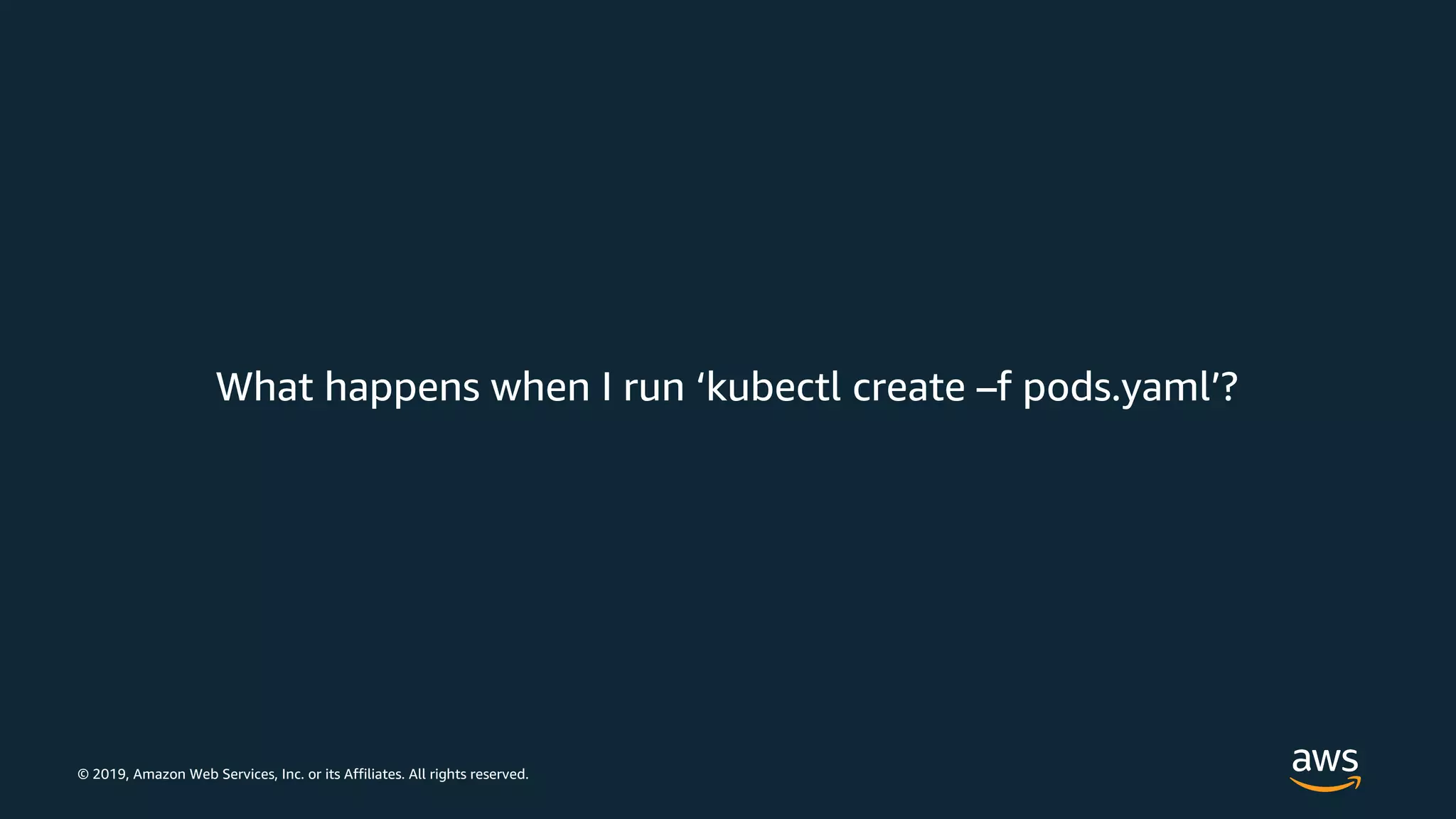 © 2019, Amazon Web Services, Inc. or its Affiliates. All rights reserved.
What happens when I run ‘kubectl create –f pods.yaml’?
 