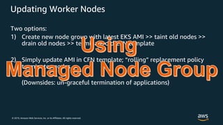© 2019, Amazon Web Services, Inc. or its Affiliates. All rights reserved.
Updating Worker Nodes
Two options:
1) Create new node group with latest EKS AMI >> taint old nodes >>
drain old nodes >> terminate old CFN template
2) Simply update AMI in CFN template; “rolling” replacement policy
terminates nodes
(Downsides: un-graceful termination of applications)
 