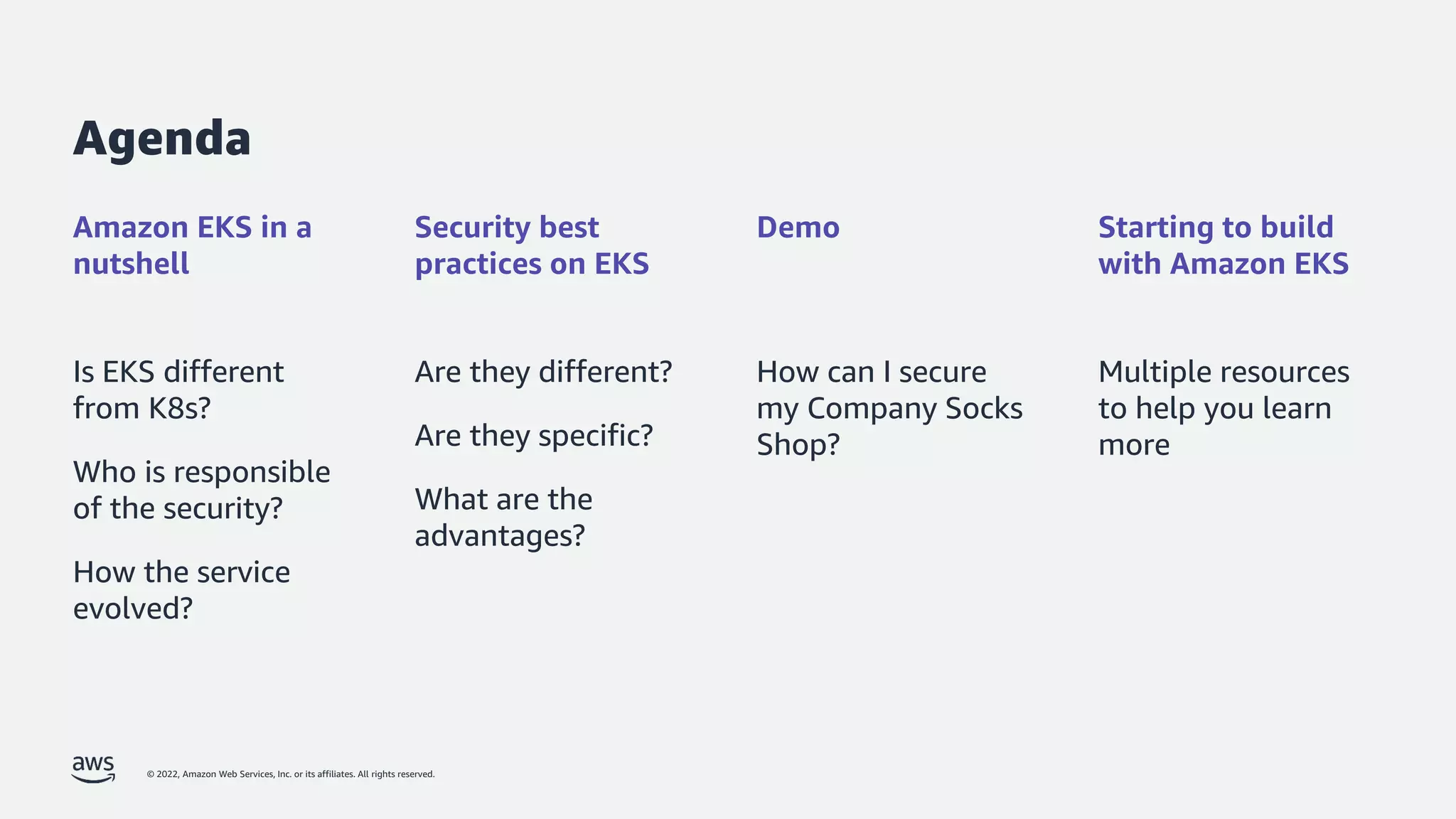 © 2022, Amazon Web Services, Inc. or its affiliates. All rights reserved.
Is EKS different
from K8s?
Who is responsible
of the security?
How the service
evolved?
Agenda
Amazon EKS in a
nutshell
Security best
practices on EKS
Are they different?
Are they specific?
What are the
advantages?
Demo
How can I secure
my Company Socks
Shop?
Starting to build
with Amazon EKS
Multiple resources
to help you learn
more
 