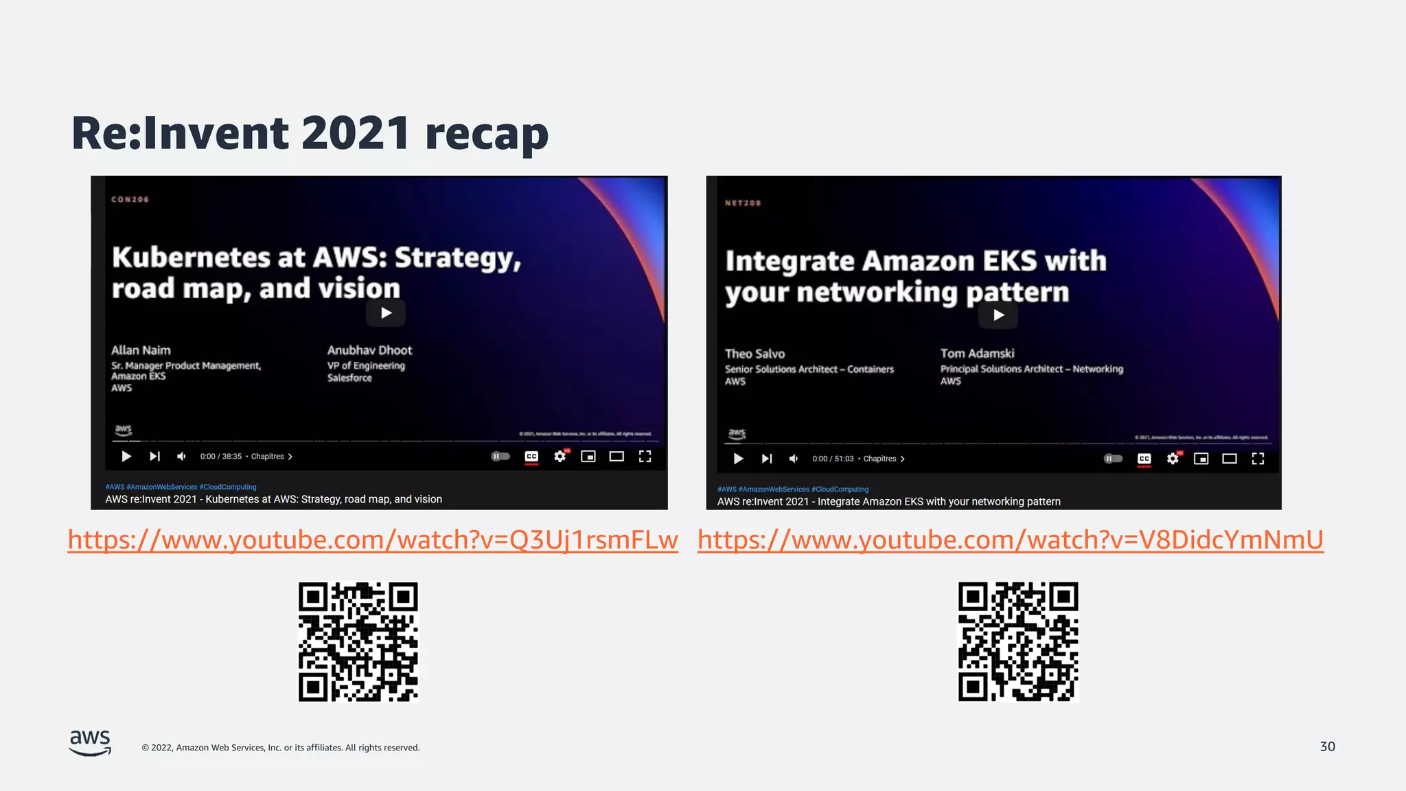 © 2022, Amazon Web Services, Inc. or its affiliates. All rights reserved.
Re:Invent 2021 recap
30
https://www.youtube.com/watch?v=Q3Uj1rsmFLw https://www.youtube.com/watch?v=V8DidcYmNmU
 