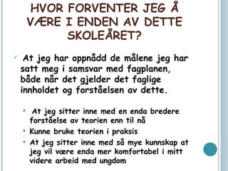 HVOR FORVENTER JEG Å VÆRE I ENDEN AV DETTE SKOLEÅRET? At jeg har oppnådd de målene jeg   har satt meg i samsvar med fagplanen, både når det gjelder det faglige innholdet og forståelsen av dette.  At jeg sitter inne med en enda bredere forståelse av teorien enn til nå Kunne bruke teorien i praksis At jeg sitter inne med så mye kunnskap at jeg vil være enda mer komfortabel i mitt videre arbeid med ungdom 