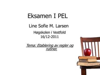 Eksamen I PEL
 Line Sofie M. Larsen
    Høgskolen i Vestfold
       16/12-2011

Tema: Etablering av regler og
           rutiner.
 