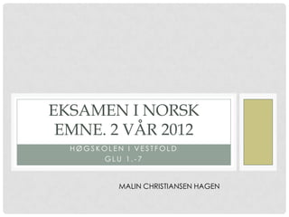 EKSAMEN I NORSK
 EMNE. 2 VÅR 2012
  HØGSKOLEN I VESTFOLD
       GLU 1.-7


           MALIN CHRISTIANSEN HAGEN
 