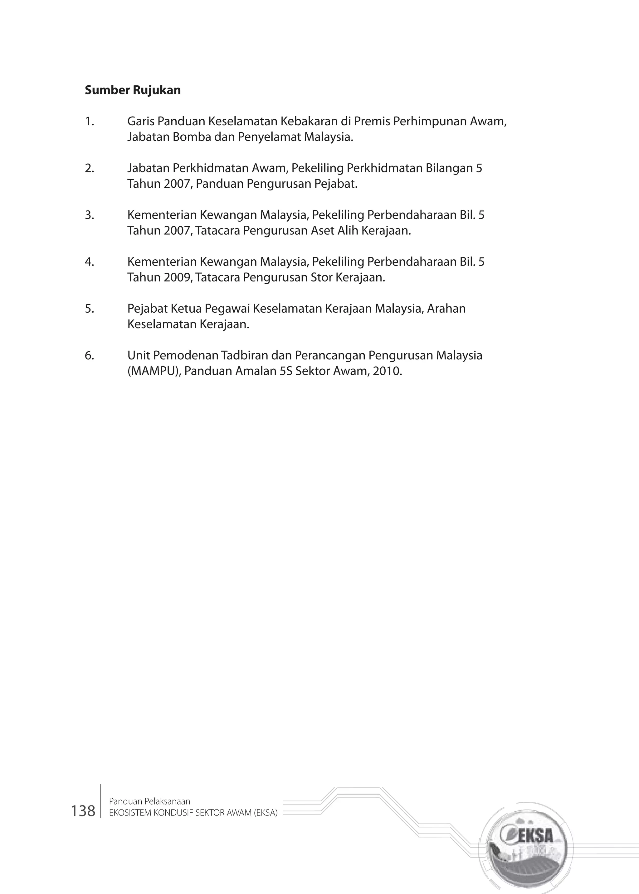 138
Panduan Pelaksanaan
EKOSISTEM KONDUSIF SEKTOR AWAM (EKSA)
Sumber Rujukan
1. Garis Panduan Keselamatan Kebakaran di Premis Perhimpunan Awam,
Jabatan Bomba dan Penyelamat Malaysia.
2. Jabatan Perkhidmatan Awam, Pekeliling Perkhidmatan Bilangan 5
Tahun 2007, Panduan Pengurusan Pejabat.
3. Kementerian Kewangan Malaysia, Pekeliling Perbendaharaan Bil. 5
Tahun 2007, Tatacara Pengurusan Aset Alih Kerajaan.
4. Kementerian Kewangan Malaysia, Pekeliling Perbendaharaan Bil. 5
Tahun 2009, Tatacara Pengurusan Stor Kerajaan.
5. Pejabat Ketua Pegawai Keselamatan Kerajaan Malaysia, Arahan
Keselamatan Kerajaan.
6. Unit Pemodenan Tadbiran dan Perancangan Pengurusan Malaysia
(MAMPU), Panduan Amalan 5S Sektor Awam, 2010.
 