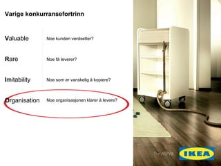 14)
Ofte glemt forutsetning: forutsigbarhetVarige konkurransefortrinn
Noe kunden verdsetter?
Noe f? leverer?
Valuable
Rare
Imitability
Organisation
Noe som er vanskelig ? kopiere?
Noe organisasjonen klarer ? levere?
 