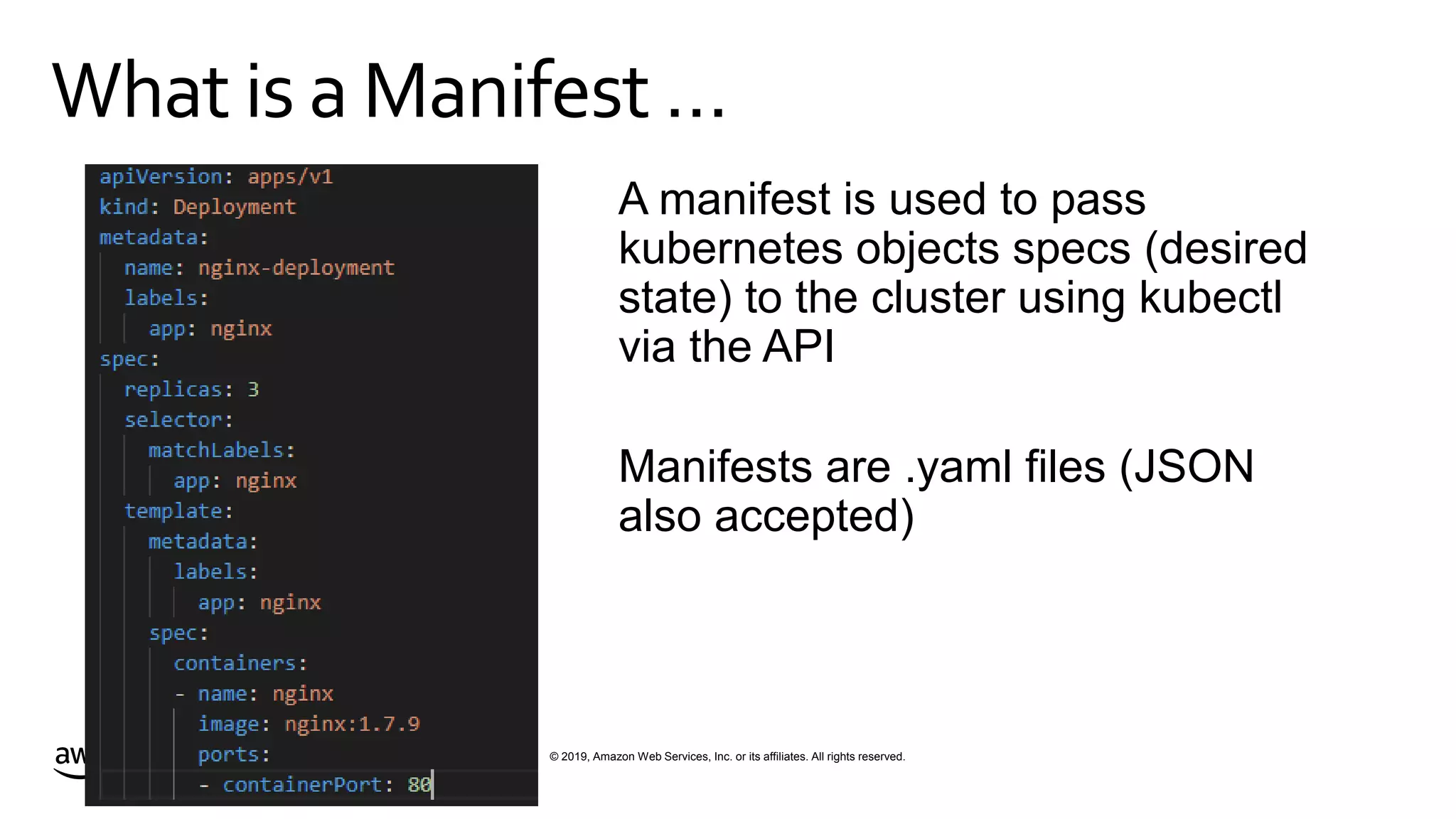 © 2019, Amazon Web Services, Inc. or its affiliates. All rights reserved.S U M M I T
What is a Manifest …
Kubernetes Architecture
A manifest is used to pass
kubernetes objects specs (desired
state) to the cluster using kubectl
via the API
Manifests are .yaml files (JSON
also accepted)
 