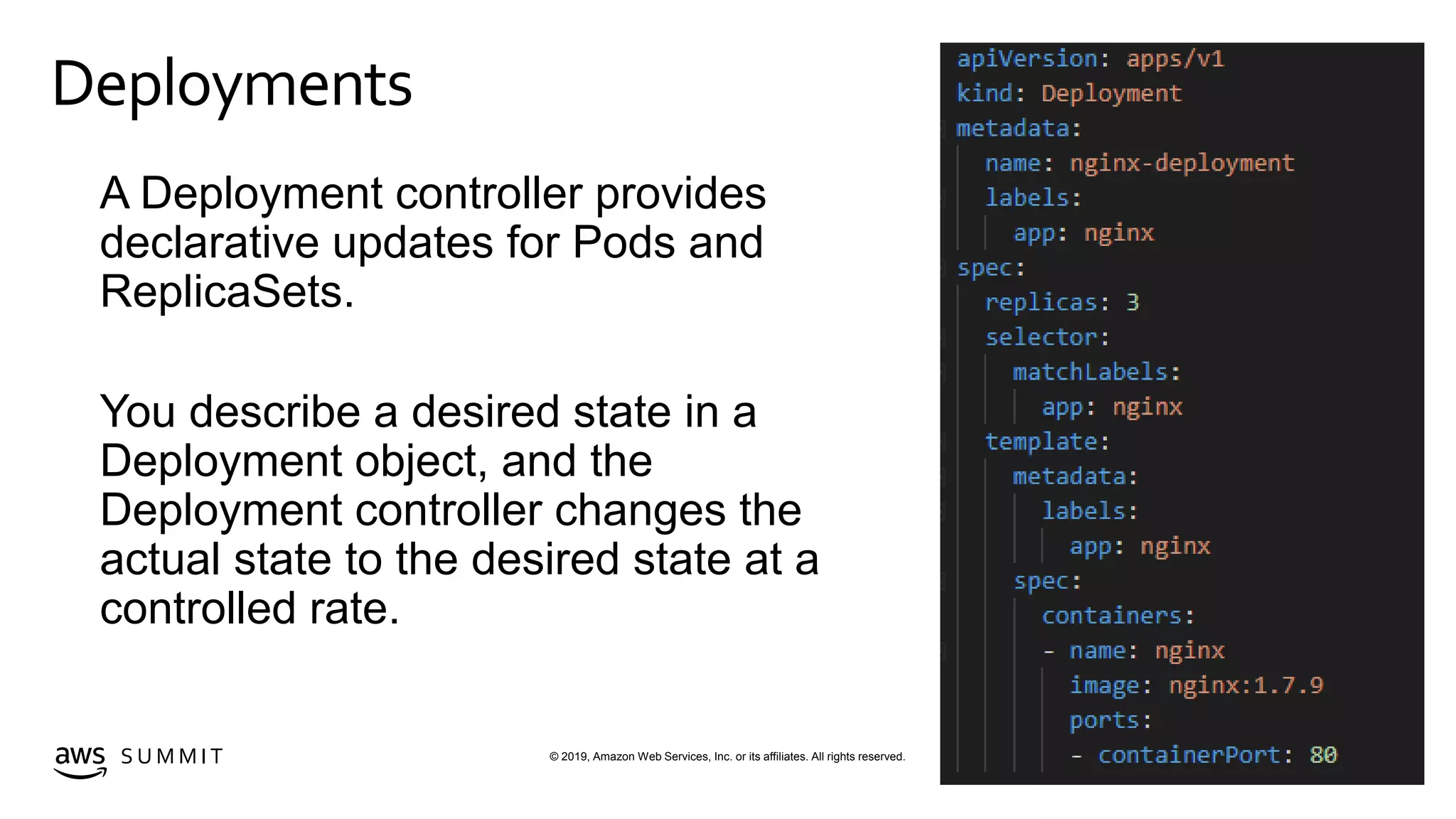 © 2019, Amazon Web Services, Inc. or its affiliates. All rights reserved.S U M M I T
Deployments
Kubernetes Architecture
A Deployment controller provides
declarative updates for Pods and
ReplicaSets.
You describe a desired state in a
Deployment object, and the
Deployment controller changes the
actual state to the desired state at a
controlled rate.
 