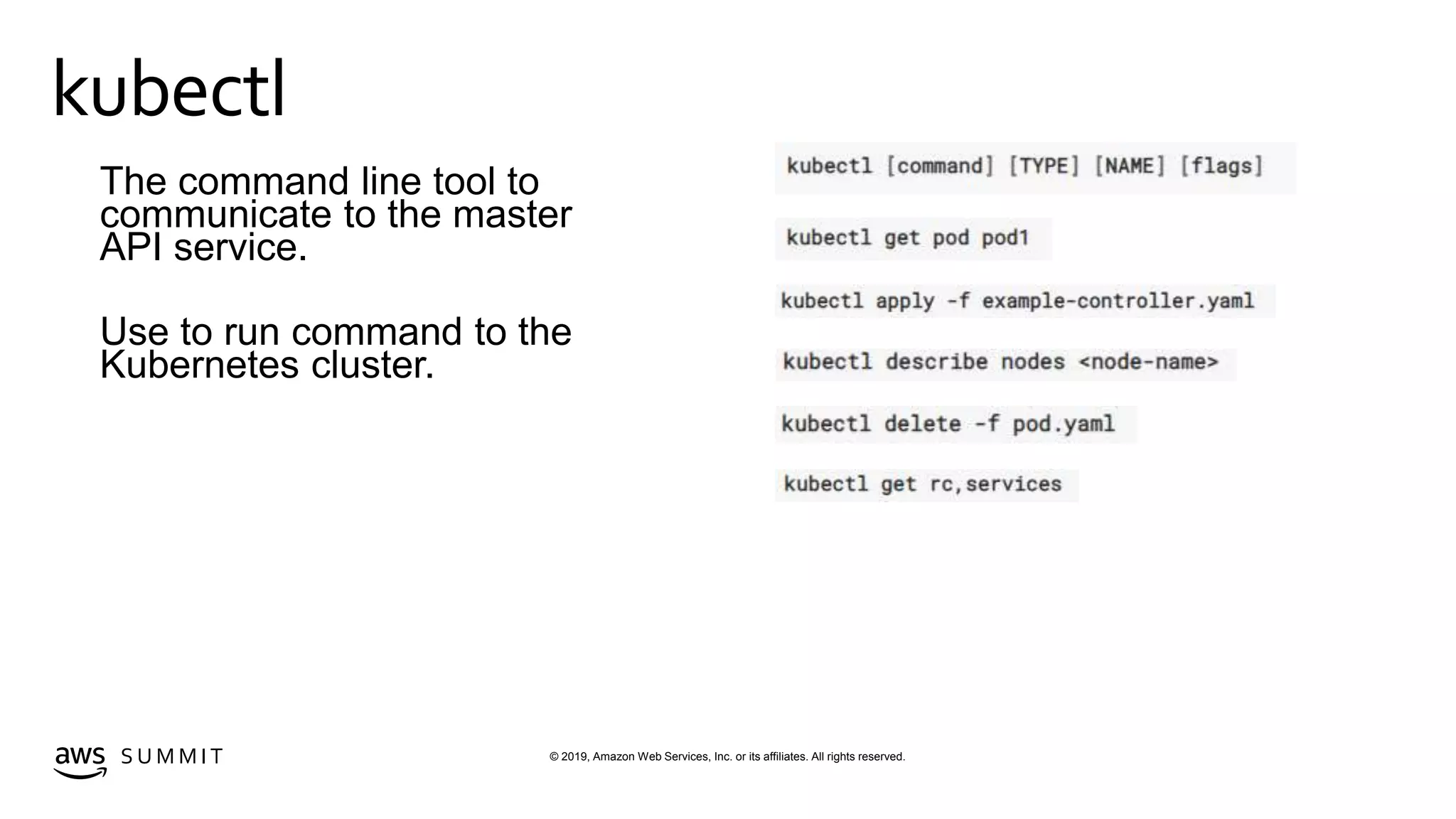 © 2019, Amazon Web Services, Inc. or its affiliates. All rights reserved.S U M M I T
kubectl
Kubernetes Architecture
The command line tool to
communicate to the master
API service.
Use to run command to the
Kubernetes cluster.
 