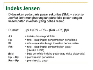 Indeks Jensen
• Didasarkan pada garis pasar sekuritas (SML – security
market line) menghubungkan portofolio pasar dengan
kesempatan investasi yang bebas resiko
• Rumus: Jpi = (Rpi – Rf) – (Rm – Rp) βpi
Jpi = indeks Jensen portofolio i
Rpi = rata – rata tingkat pengembalian portofolio i
Rf = rata – rata atas bunga investasi bebas resiko
Rm = rata – rata tingkat pengembalian pasar
(diwakili IHSG)
βdpi = beta portofolio i (risiko pasar atau risiko sistematis)
Rpi – Rpf = premi resiko portofolio i
Rm – Rp = premi resiko pasar
 