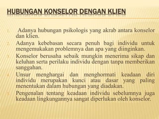 HUBUNGAN KONSELOR DENGAN KLIEN
1. Adanya hubungan psikologis yang akrab antara konselor
dan klien.
2. Adanya kebebasan secara penuh bagi individu untuk
mengemukakan problemnya dan apa yang diinginkan.
3. Konselor berusaha sebaik mungkin menerima sikap dan
keluhan serta perilaku individu dengan tanpa memberikan
sanggahan.
4. Unsur menghargai dan menghormati keadaan diri
individu merupakan kunci atau dasar yang paling
menentukan dalam hubungan yang diadakan.
5. Pengenalan tentang keadaan individu sebelumnya juga
keadaan lingkungannya sangat diperlukan oleh konselor.
 