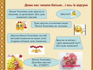 Дома нас чекали батьки…і ось їх відгуки
Наталя Теодозівна дуже дякуємо за
ініціативу, за організацію! Діти дуже
задоволені і щасливі
Дуже дякуємо за позитивні емоції.
Наталя Теодозівна, ви молодець
Дякуємо!!
Дякуємо Наталя Теодозівна, що свій
вихідний потратили на наших дітей.
Андріана поїздкою дуже задоволена Дякуємо за поїздку і
гарно проведений час!!!
Діти дуже задоволені!
Наталя Теодозівна,
Дуже Вам дякуємо!
Ви – СУПЕР!!!
 