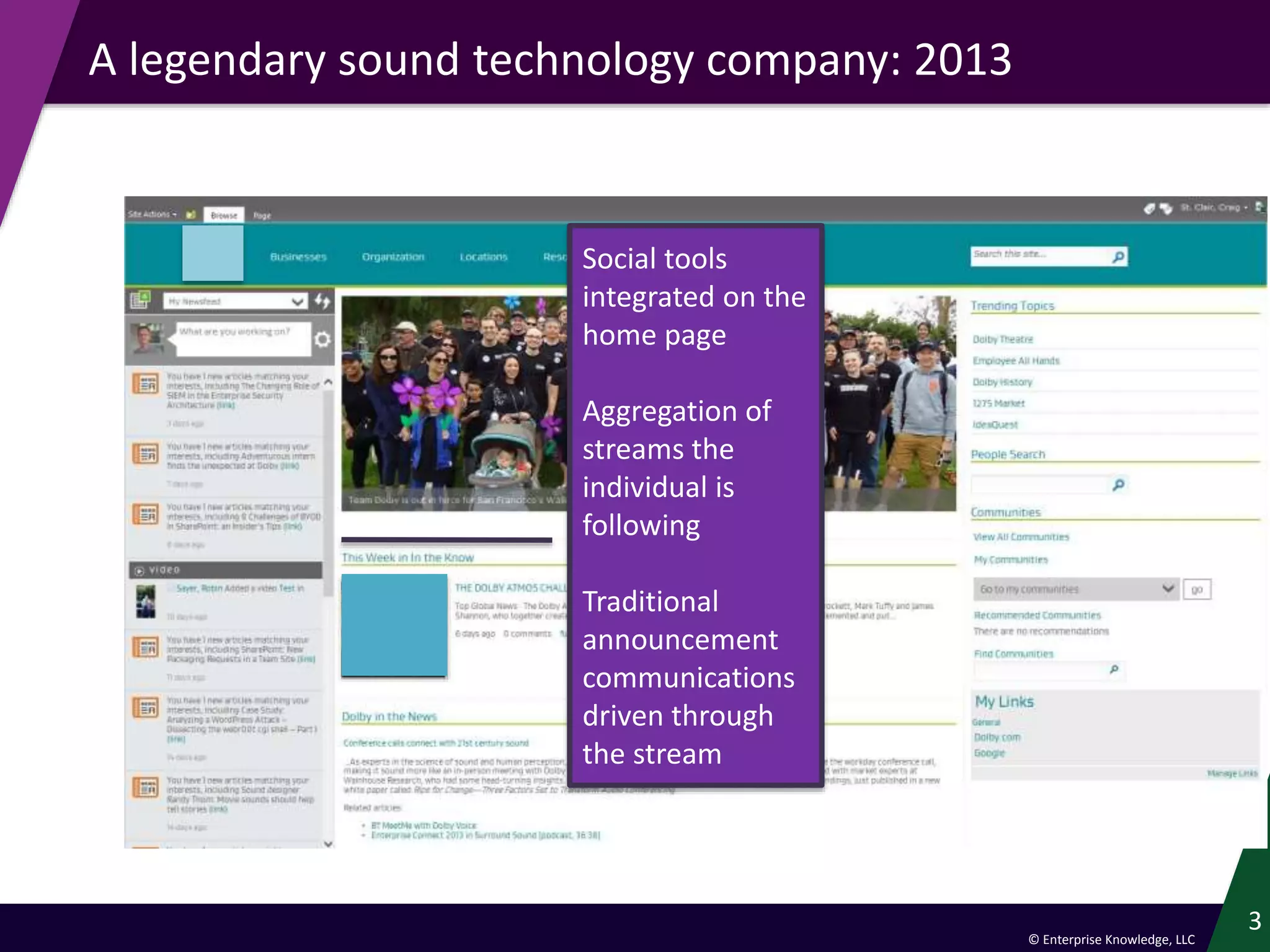 © Enterprise Knowledge, LLC
A legendary sound technology company: 2013
3
Social tools
integrated on the
home page
Aggregation of
streams the
individual is
following
Traditional
announcement
communications
driven through
the stream