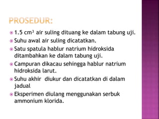  1.5 cm³ air suling dituang ke dalam tabung uji.
 Suhu awal air suling dicatatkan.
 Satu spatula hablur natrium hidroksida
ditambahkan ke dalam tabung uji.
 Campuran dikacau sehingga hablur natrium
hidroksida larut.
 Suhu akhir diukur dan dicatatkan di dalam
jadual
 Eksperimen diulang menggunakan serbuk
ammonium klorida.
 