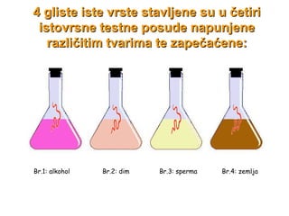 4  gliste iste vrste stavljene su u četiri istovrsne testne posude napunjene različitim tvarima te zapečaćene: Br.1 :  a l k ohol Br. 2:  dim Br. 3: sperm a Br. 4:  zemlja 
