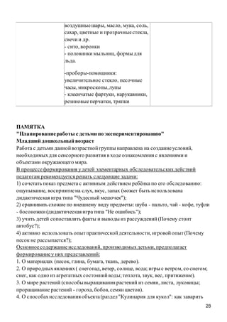 28
воздушныешары, масло, мука, соль,
сахар, цветные и прозрачныестекла,
свечии др.
- сито, воронки
- половинкимыльниц, формы для
льда.
-проборы-помощники:
увеличительное стекло, песочные
часы, микроскопы,лупы
- клеенчатые фартуки, нарукавники,
резиновыеперчатки, тряпки
ПАМЯТКА
"Планированиеработы с детьми по экспериментированию"
Младший дошкольный возраст
Работа с детьми даннойвозрастнойгруппы направлена на созданиеусловий,
необходимыхдля сенсорного развития в ходе ознакомления с явлениями и
объектами окружающего мира.
В процессеформирования удетей элементарных обследовательскихдействий
педагогам рекомендуется решать следующие задачи:
1) сочетать показ предмета с активным действием ребёнка по его обследованию:
ощупывание, восприятиена слух, вкус, запах (может быть использована
дидактическая игра типа "Чудесный мешочек");
2) сравнивать схожие по внешнему виду предметы: шуба - пальто, чай - кофе, туфли
- босоножки(дидактическая игратипа "Не ошибись");
3) учить детей сопоставлять факты и выводы из рассуждений(Почему стоит
автобус?);
4) активно использовать опытпрактическойдеятельности, игровойопыт(Почему
песок не рассыпается?);
Основноесодержаниеисследований, производимыхдетьми, предполагает
формированиеу них представлений:
1. О материалах (песок, глина, бумага, ткань, дерево).
2. О природныхявлениях( снегопад, ветер, солнце, вода; игры с ветром, со снегом;
снег, как одно из агрегатных состоянийводы;теплота, звук, вес, притяжение).
3. О мире растений (способывыращивания растений из семян, листа, луковицы;
проращивание растений - гороха, бобов,семянцветов).
4. О способахисследования объекта(раздел"Кулинария для кукол": как заварить
 