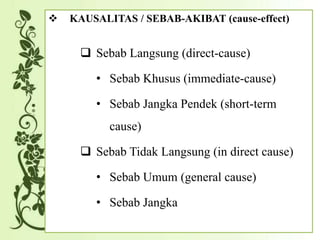  KAUSALITAS / SEBAB-AKIBAT (cause-effect)
 Sebab Langsung (direct-cause)
• Sebab Khusus (immediate-cause)
• Sebab Jangka Pendek (short-term
cause)
 Sebab Tidak Langsung (in direct cause)
• Sebab Umum (general cause)
• Sebab Jangka
 