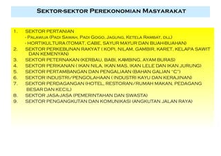 Sektor-sektor Perekonomian Masyarakat 1. SEKTOR PERTANIAN - Palawija (Padi Sawah, Padi Gogo, Jagung, Ketela Rambat, dll) - HORTIKULTURA (TOMAT, CABE, SAYUR MAYUR DAN BUAH-BUAHAN) 2. SEKTOR PERKEBUNAN RAKYAT ( KOPI, NILAM, GAMBIR, KARET, KELAPA SAWIT  DAN KEMENYAN) 3. SEKTOR PETERNAKAN (KERBAU, BABI, KAMBING, AYAM BURAS) 4. SEKTOR PERIKANAN ( IKAN NILA, IKAN MAS, IKAN LELE DAN IKAN JURUNG) 5. SEKTOR PERTAMBANGAN DAN PENGALIAAN (BAHAN GALIAN “C”) 6. SEKTOR INDUSTRI/PENGOLAHAAN ( INDUSTRI KAYU DAN KERAJINAN) 7. SEKTOR PERDAGANGAN (HOTEL, RESTORAN/RUMAH MAKAN, PEDAGANG    BESAR DAN KECIL) 8. SEKTOR JASA-JASA (PEMERINTAHAN DAN SWASTA) 9. SEKTOR PENGANGKUTAN DAN KOMUNIKASI (ANGKUTAN JALAN RAYA) 