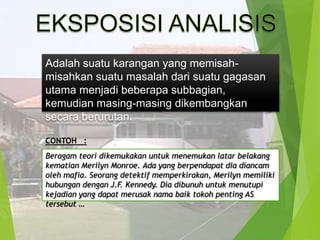 Adalah suatu karangan yang memisahmisahkan suatu masalah dari suatu gagasan
utama menjadi beberapa subbagian,
kemudian masing-masing dikembangkan
secara berurutan.
CONTOH :
Beragam teori dikemukakan untuk menemukan latar belakang
kematian Merilyn Monroe. Ada yang berpendapat dia diancam
oleh mafia. Seorang detektif memperkirakan, Merilyn memiliki
hubungan dengan J.F. Kennedy. Dia dibunuh untuk menutupi
kejadian yang dapat merusak nama baik tokoh penting AS
tersebut …

 