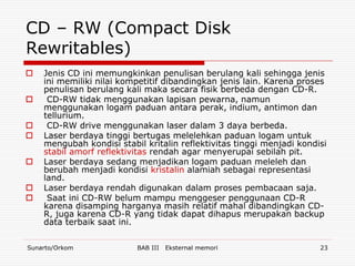 CD – RW (Compact Disk
Rewritables)
   Jenis CD ini memungkinkan penulisan berulang kali sehingga jenis
    ini memiliki nilai kompetitif dibandingkan jenis lain. Karena proses
    penulisan berulang kali maka secara fisik berbeda dengan CD-R.
    CD-RW tidak menggunakan lapisan pewarna, namun
    menggunakan logam paduan antara perak, indium, antimon dan
    tellurium.
    CD-RW drive menggunakan laser dalam 3 daya berbeda.
   Laser berdaya tinggi bertugas melelehkan paduan logam untuk
    mengubah kondisi stabil kritalin reflektivitas tinggi menjadi kondisi
    stabil amorf reflektivitas rendah agar menyerupai sebilah pit.
   Laser berdaya sedang menjadikan logam paduan meleleh dan
    berubah menjadi kondisi kristalin alamiah sebagai representasi
    land.
   Laser berdaya rendah digunakan dalam proses pembacaan saja.
    Saat ini CD-RW belum mampu menggeser penggunaan CD-R
    karena disamping harganya masih relatif mahal dibandingkan CD-
    R, juga karena CD-R yang tidak dapat dihapus merupakan backup
    data terbaik saat ini.

Sunarto/Orkom             BAB III   Eksternal memori                   23
 