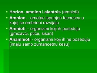 Horion, amnion  i  alantois  (amnioti) Amnion  – omotac ispunjen tecnoscu u kojoj se embrioni razvijaju Amnioti  – organizmi koji ih poseduju (gmizavci, ptice, sisari) Anamnioti  - organizmi koji ih ne poseduju (imaju samo zumancetnu kesu) 