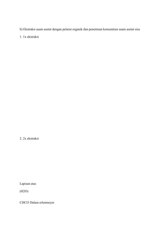 b) Ekstraksi asam asetat dengan pelarut organik dan penentuan konsentrasi asam asetat sisa

1. 1x ekstraksi




2. 2x ekstraksi




Lapisan atas

(H2O)


CHCl3 Dalam erlenmeyer
 