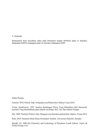 V. Simpulan

Berdasarkan hasil percobann yakni pada Penentuan tetapan distribusi pada 1x ekstraksi
didapatkan 0,0028 ssedangkan pada 2x ekstraksi didapatkan 0,009




Daftar Pustaka

Anonim. 2010. Pelarut. http://wikipedia.com/Pelarut.htm. Diakses 9 juni 2010

Verita, Amohorseya. 1995. Analisis Kandungan Flavor Yang Dihasilkan Oleh Hansenula
anomala Yang ditumbuhkan pada substrat air kelapa. Bul. Tek. Dan Industri Pangan

Eby. 2009. Ekstraksi Pelarut. http://blogspot.com/ekstraksi-pelarut.html. diakses 10 juni 2010

Rudi. 2010. Penuntun Dasar-Dasar Pemisahan Analitik. Universitas Haluoleo. Kendari

Speight J.G. 2006.The Chemistry and Technology of Petroleum Fourth Edition. Taylor &
Francis Group, LLC
 