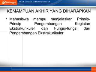 KEMAMPUAN AKHIR YANG DIHARAPKAN
• Mahasiswa mampu menjelaskan Prinsip-
Prinsip Pengembangan Kegiatan
Ekstrakurikuler dan Fungsi-fungsi dari
Pengembangan Ekstrakurikuler
 