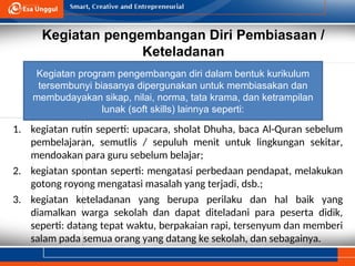 Kegiatan pengembangan Diri Pembiasaan /
Keteladanan
1. kegiatan rutin seperti: upacara, sholat Dhuha, baca Al-Quran sebelum
pembelajaran, semutlis / sepuluh menit untuk lingkungan sekitar,
mendoakan para guru sebelum belajar;
2. kegiatan spontan seperti: mengatasi perbedaan pendapat, melakukan
gotong royong mengatasi masalah yang terjadi, dsb.;
3. kegiatan keteladanan yang berupa perilaku dan hal baik yang
diamalkan warga sekolah dan dapat diteladani para peserta didik,
seperti: datang tepat waktu, berpakaian rapi, tersenyum dan memberi
salam pada semua orang yang datang ke sekolah, dan sebagainya.
Kegiatan program pengembangan diri dalam bentuk kurikulum
tersembunyi biasanya dipergunakan untuk membiasakan dan
membudayakan sikap, nilai, norma, tata krama, dan ketrampilan
lunak (soft skills) lainnya seperti:
 