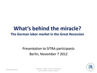 What‘s behind the miracle?
      The German labor market in the Great Recession


                  Presentation to SITRA participants
                      Berlin, November 7 2012


                          Michael C. Burda - What is behind the
7 November 2012                                                   1
                             German labor market miracle?
 