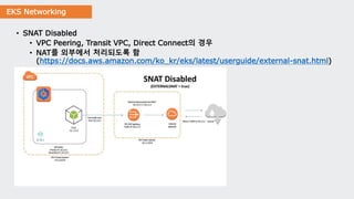 EKS Networking
• SNAT Disabled
• VPC Peering, Transit VPC, Direct Connect의 경우
• NAT를 외부에서 처리되도록 함
(https://docs.aws.amazon.com/ko_kr/eks/latest/userguide/external-snat.html)
 