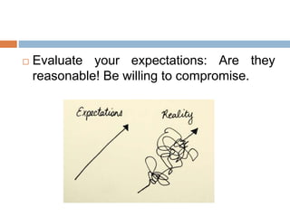 Evaluate your expectations: Are they
reasonable! Be willing to compromise.
 