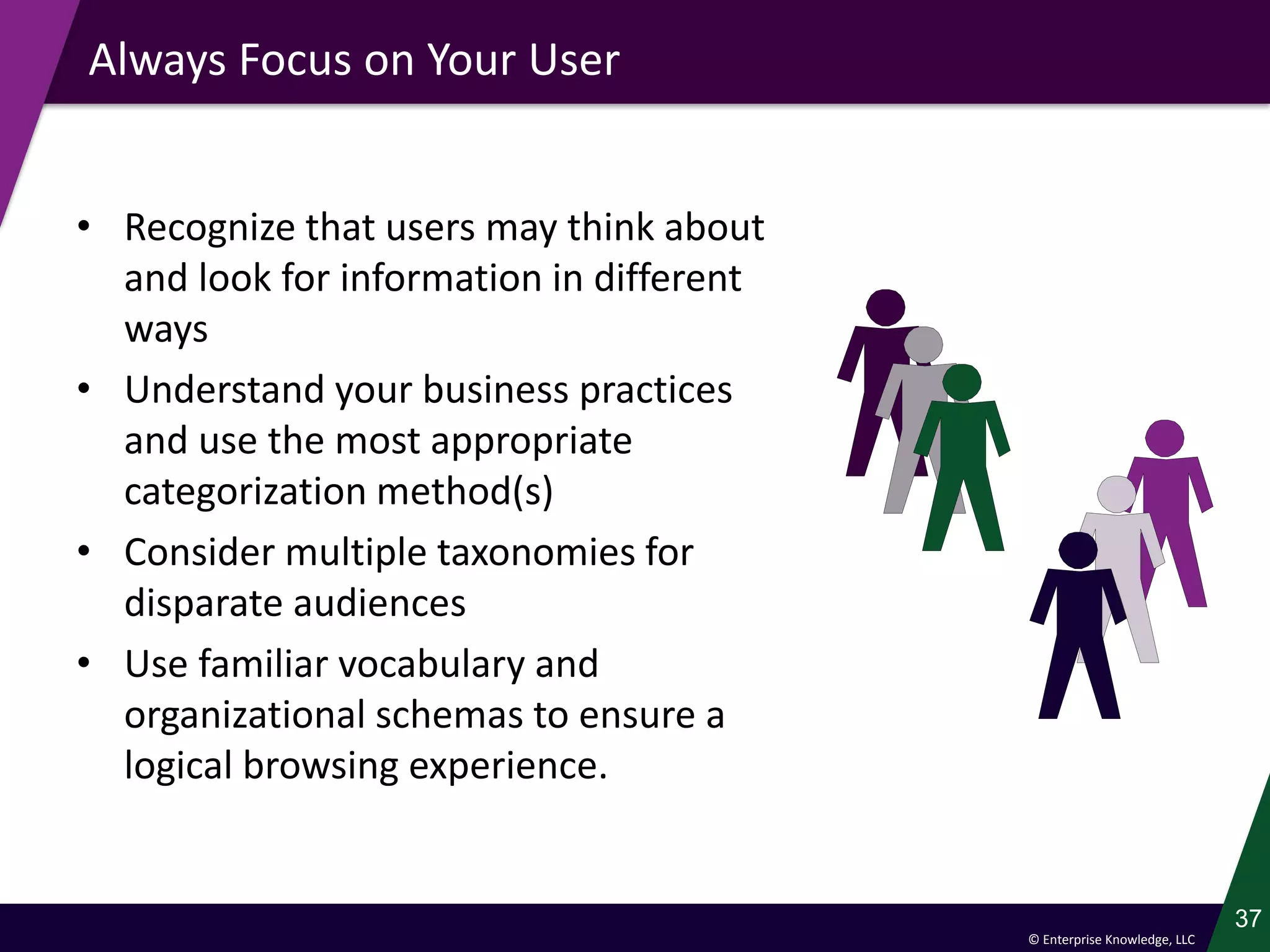 © Enterprise Knowledge, LLC
Always Focus on Your User
• Recognize that users may think about
and look for information in different
ways
• Understand your business practices
and use the most appropriate
categorization method(s)
• Consider multiple taxonomies for
disparate audiences
• Use familiar vocabulary and
organizational schemas to ensure a
logical browsing experience.
37
 