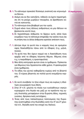 μ. 1. ΔÔ Î¿ÓÈÛÌ· ÚÔÎ·ÏÂ› ‰‡ÛÔÛÌË ·Ó·ÓÔ‹ Î·È ÎÈÙÚÈÓÈÛÌ¤- ∏ ·Ú¿ÁÚ·ÊÔ˜
      Ó· ‰ﬁÓÙÈ·.
   2. ∞ÎﬁÌË Î·È ·Ó ‰ÂÓ Î·Ó›˙ÂÙÂ, Èı·ÓﬁÓ Ó· ¤¯ÂÙÂ ·Ú·ÙËÚ‹-
      ÛÂÈ ﬁÙÈ Ù· ÚÔ‡¯· Ì˘Ú›˙Ô˘Ó ÙÛÈÁ·Ú›Ï·, ·Ó ‚ÚÂı‹Î·ÙÂ ÎÔ-
      ÓÙ¿ ÛÂ Î·ÓÈÛÙ¤˜.
   3. ΔÔ Î¿ÓÈÛÌ· Â›Ó·È ‚Ï·‚ÂÚﬁ ÁÈ· ÙËÓ ˘ÁÂ›·.
   4. ™˘¯Ó¿ Î¿ÓÂÈ ÙÔ˘˜ ¿ÏÏÔ˘˜ ·ÓıÚÒÔ˘˜ Ó· ÌËÓ ı¤ÏÔ˘Ó Ó·
      ‚Ú›ÛÎÔÓÙ·È ÎÔÓÙ¿ ÙÔ˘˜.
   5. OÈ ÂÚÈÛÛﬁÙÂÚÔÈ ¿ÓıÚˆÔÈ ÙÔ Í¤ÚÔ˘Ó ·˘Ùﬁ, ·ÏÏ¿ Ï›ÁÔÈ
      ÁÓˆÚ›˙Ô˘Ó ˆ˜ ÙÔ Î¿ÓÈÛÌ· ÂËÚÂ¿˙ÂÈ ÙËÓ ÂÈÎﬁÓ· ÙÔ˘˜ Î·È
      ÙË ÛÙ¿ÛË Ô˘ ÔÈ ¿ÏÏÔÈ ¿ÓıÚˆÔÈ ÎÚ·Ù¿ÓÂ ·¤Ó·ÓÙÈ ÙÔ˘˜.

°. 1. ¢¤ÓÙÚ· Ï¤ÌÂ Ù· Ê˘Ù¿ Ô˘ Ô ÎÔÚÌﬁ˜ ÙÔ˘˜ ÛÂ ÔÚÈÛÌ¤ÓÔ
      ‡„Ô˜ ‰È·ÎÏ·‰›˙ÂÙ·È ¿Óˆ ·ﬁ ÙÔ ¤‰·ÊÔ˜ (.¯. ÌËÏÈ¿,
      Â‡ÎÔ).
   2. Δ· Ê˘Ù¿ Ô˘ ‰ÂÓ ¤¯Ô˘Ó ÎÔÚÌﬁ Î·È Ë ‰È·ÎÏ¿‰ˆÛË ÙÔ˘˜
      ·Ú¯›˙ÂÈ ·ﬁ ÙÔ ¤‰·ÊÔ˜ Ï¤ÁÔÓÙ·È ı¿ÌÓÔÈ. £¿ÌÓÔ˜ Â›Ó·È
      .¯. Ë ÈÎÚÔ‰¿ÊÓË, Ë ÙÚÈ·ÓÙ·Ê˘ÏÏÈ¿.
   3. ªÈ· ¿ÏÏË Î·ÙËÁÔÚ›· Ê˘ÙÒÓ Â›Ó·È ÔÈ ËÌ›ı·ÌÓÔÈ. ¶ÚﬁÎÂÈÙ·È
      ÁÈ· ı¿ÌÓÔ˘˜ Ô˘ ÍÂÚ·›ÓÔÓÙ·È Î¿ıÂ ¯ÚﬁÓÔ. ∏ Ê·ÛÎÔÌËÏÈ¿
      Â›Ó·È ËÌÈı¿ÌÓÔ˜.
   4. ΔÔ Â›‰Ô˜ ÙÔ˘ Ê˘ÙÔ‡ Î·ıÔÚ›˙ÂÙ·È Î˘Ú›ˆ˜ ·ﬁ ÙÔ ‚Ï·ÛÙﬁ
      ÙÔ˘. O Î‡ÚÈÔ˜ ‚Ï·ÛÙﬁ˜ ÛÂ ÔÏÏ¿ Ê˘Ù¿ ÔÓÔÌ¿˙ÂÙ·È ÎÔÚ-
      Ìﬁ˜.

¢. 1. ™Â ·˘Ùﬁ Û˘Ó¤‚·ÏÂ ÙÔ ‹ÈÔ ÎÏ›Ì· ÙÔ˘˜ Î·È Î˘Ú›ˆ˜ Ë È‰È·›-
      ÙÂÚË ÁÂˆÁÚ·ÊÈÎ‹ ÙÔ˘˜ ı¤ÛË.
   2. ™ÙËÓ 3Ë .Ã. ¯ÈÏÈÂÙ›· Ù· ÏÔ›· ÙˆÓ Î˘ÎÏ·‰›ÙÈÎˆÓ ÓËÛÈÒÓ
      Î˘ÚÈ·Ú¯Ô‡Ó ÛÙÔ ∞ÈÁ·›Ô Î·È Ì·˙› ÌÂ Ù· ÚÔ˚ﬁÓÙ· ÙË˜ ÂÁ-
      Á‡˜ ∞Ó·ÙÔÏ‹˜ ÌÂÙ·Ê¤ÚÔ˘Ó ÛÙËÓ ∂˘ÚÒË È‰¤Â˜, ÙÂ¯ÓÈÎ¤˜
      ÁÓÒÛÂÈ˜, ıÚËÛÎÂ˘ÙÈÎ¤˜ ·ÓÙÈÏ‹„ÂÈ˜.
   3. ŒÓ·˜ ·ﬁ ÙÔ˘˜ ·Ï·ÈﬁÙÂÚÔ˘˜ ÔÏÈÙÈÛÌÔ‡˜ ÙË˜ ∂˘ÚÒ-
      Ë˜ ·Ó·Ù‡¯ıËÎÂ ÛÙÈ˜ ∫˘ÎÏ¿‰Â˜ Î·Ù¿ ÙËÓ 3Ë Î·È 2Ë ¯ÈÏÈÂ-
      Ù›· .Ã., ‰ËÏ·‰‹ Î·Ù¿ ÙËÓ ÂÔ¯‹ ÙÔ˘ Ã·ÏÎÔ‡.
                                                                19
 