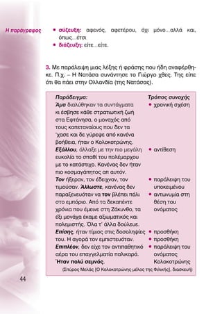 ∏ ·Ú¿ÁÚ·ÊÔ˜     ñ Û‡˙Â˘ÍË: ·ÊÂÓﬁ˜, ·ÊÂÙ¤ÚÔ˘, ﬁ¯È ÌﬁÓÔ…·ÏÏ¿ Î·È,
                   ﬁˆ˜…¤ÙÛÈ
                 ñ ‰È¿˙Â˘ÍË: Â›ÙÂ…Â›ÙÂ.



               3. ªÂ ·Ú¿ÏÂÈ„Ë ÌÈ·˜ Ï¤ÍË˜ ‹ ÊÚ¿ÛË˜ Ô˘ ‹‰Ë ·Ó·Ê¤ÚıË-
               ÎÂ. ¶.¯. – ∏ ¡·Ù¿Û· Û˘Ó¿ÓÙËÛÂ ÙÔ °ÈÒÚÁÔ ¯ıÂ˜. ΔË˜ Â›Â
               ﬁÙÈ ı· ¿ÂÈ ÛÙËÓ OÏÏ·Ó‰›· (ÙË˜ ¡·Ù¿Û·˜).

                  ¶·Ú¿‰ÂÈÁÌ·:                             ΔÚﬁÔ˜ Û˘ÓÔ¯‹˜
                  ÕÌ· ‰È·Ï‡ıËÎ·Ó Ù· Û˘ÓÙ¿ÁÌ·Ù·            ñ ¯ÚÔÓÈÎ‹ Û¯¤ÛË
                  ÎÈ ¤Û‚ËÛÂ Î¿ıÂ ÛÙÚ·ÙÈˆÙÈÎ‹ ˙ˆ‹
                  ÛÙ· ∂ÊÙ¿ÓËÛ·, Ô ÌÔÓ·¯ﬁ˜ ·ﬁ
                  ÙÔ˘˜ Î·ÂÙ·Ó·›Ô˘˜ Ô˘ ‰ÂÓ Ù·
                  ‘¯·ÛÂ Î·È ‰Â Á‡ÚÂ„Â ·ﬁ Î·Ó¤Ó·
                  ‚Ô‹ıÂÈ·, ‹Ù·Ó Ô ∫ÔÏÔÎÔÙÚÒÓË˜.
                  ∂Í¿ÏÏÔ˘, ¿ÏÏ·ÍÂ ÌÂ ÙËÓ ÈÔ ÌÂÁ¿ÏË       ñ ·ÓÙ›ıÂÛË
                  Â˘ÎÔÏ›· ÙÔ Û·ı› ÙÔ˘ ÔÏ¤Ì·Ú¯Ô˘
                  ÌÂ ÙÔ Î·Ù¿ÛÙÈ¯Ô. ∫·Ó¤Ó·˜ ‰ÂÓ ‹Ù·Ó
                  ÈÔ ÎÔÛÌ·Á¿ËÙÔ˜ · ·˘ÙﬁÓ.
                  ΔÔÓ ‹ÍÂÚ·Ó, ÙÔÓ ¤‰ÂÈ¯Ó·Ó, ÙÔÓ           ñ ·Ú¿ÏÂÈ„Ë ÙÔ˘
                  ÙÈÌÔ‡Û·Ó. ÕÏÏˆÛÙÂ, Î·Ó¤Ó·˜ ‰ÂÓ            ˘ÔÎÂÈÌ¤ÓÔ˘
                  ·Ú·ÍÂÓÂ˘ﬁÙ·Ó Ó· ÙÔÓ ‚Ï¤ÂÈ ¿ÏÈ        ñ ·ÓÙˆÓ˘Ì›· ÛÙË
                  ÛÙÔ ÂÌﬁÚÈÔ. ∞ﬁ Ù· ‰ÂÎ·¤ÓÙÂ             ı¤ÛË ÙÔ˘
                  ¯ÚﬁÓÈ· Ô˘ ¤ÌÂÈÓÂ ÛÙË ∑¿Î˘ÓıÔ, Ù·         ÔÓﬁÌ·ÙÔ˜
                  ¤ÍÈ ÌÔÓ¿¯· ¤Î·ÌÂ ·ÍÈˆÌ·ÙÈÎﬁ˜ Î·È
                  ÔÏÂÌÈÛÙ‹˜. ŸÏ· Ù’ ¿ÏÏ· ‰Ô‡ÏÂ˘Â.
                  ∂›ÛË˜, ‹Ù·Ó Ù›ÌÈÔ˜ ÛÙÈ˜ ‰ÔÛÔÏË„›Â˜     ñ ÚÔÛı‹ÎË
                  ÙÔ˘. ∏ ·ÁÔÚ¿ ÙÔÓ ÂÌÈÛÙÂ˘ﬁÙ·Ó.          ñ ÚÔÛı‹ÎË
                  ∂ÈÏ¤ÔÓ, ‰ÂÓ Â›¯Â ÙÔÓ ·ÓÙÈ·ıËÙÈÎﬁ     ñ ·Ú¿ÏÂÈ„Ë ÙÔ˘
                  ·¤Ú· ÙÔ˘ Â·ÁÁÂÏÌ·Ù›· ·ÏÈÎ·Ú¿.           ÔÓﬁÌ·ÙÔ˜
                  ◊Ù·Ó ÔÏ‡ ÛÂÌÓﬁ˜.                         ∫ÔÏÔÎÔÙÚÒÓË˜
                    (™‡ÚÔ˜ ªÂÏ¿˜ [O ∫ÔÏÔÎÔÙÚÒÓË˜ Ì¤ÏÔ˜ ÙË˜ ºÈÏÈÎ‹˜], ‰È·ÛÎÂ˘‹)

    44
 