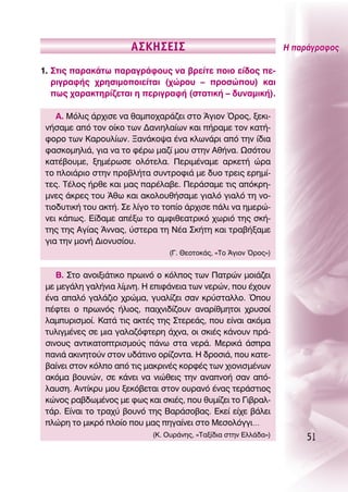 ∞™∫∏™∂π™                                   ∏ ·Ú¿ÁÚ·ÊÔ˜

1. ™ÙÈ˜ ·Ú·Î¿Ùˆ ·Ú·ÁÚ¿ÊÔ˘˜ Ó· ‚ÚÂ›ÙÂ ÔÈÔ Â›‰Ô˜ Â-
   ÚÈÁÚ·Ê‹˜ ¯ÚËÛÈÌÔÔÈÂ›Ù·È (¯ÒÚÔ˘ – ÚÔÛÒÔ˘) Î·È
   ˆ˜ ¯·Ú·ÎÙËÚ›˙ÂÙ·È Ë ÂÚÈÁÚ·Ê‹ (ÛÙ·ÙÈÎ‹ – ‰˘Ó·ÌÈÎ‹).

    ∞. ªﬁÏÈ˜ ¿Ú¯ÈÛÂ Ó· ı·ÌÔ¯·Ú¿˙ÂÈ ÛÙÔ ÕÁÈÔÓ ŸÚÔ˜, ÍÂÎÈ-
 Ó‹Û·ÌÂ ·ﬁ ÙÔÓ Ô›ÎÔ ÙˆÓ ¢·ÓÈËÏ·›ˆÓ Î·È ‹Ú·ÌÂ ÙÔÓ Î·Ù‹-
 ÊÔÚÔ ÙˆÓ ∫·ÚÔ˘Ï›ˆÓ. •·Ó¿ÎÔ„· ¤Ó· ÎÏˆÓ¿ÚÈ ·ﬁ ÙËÓ ›‰È·
 Ê·ÛÎÔÌËÏÈ¿, ÁÈ· Ó· ÙÔ Ê¤Úˆ Ì·˙› ÌÔ˘ ÛÙËÓ ∞ı‹Ó·. øÛﬁÙÔ˘
 Î·Ù¤‚Ô˘ÌÂ, ÍËÌ¤ÚˆÛÂ ÔÏﬁÙÂÏ·. ¶ÂÚÈÌ¤Ó·ÌÂ ·ÚÎÂÙ‹ ÒÚ·
 ÙÔ ÏÔÈ¿ÚÈÔ ÛÙËÓ ÚÔ‚Ï‹Ù· Û˘ÓÙÚÔÊÈ¿ ÌÂ ‰˘Ô ÙÚÂÈ˜ ÂÚËÌ›-
 ÙÂ˜. Δ¤ÏÔ˜ ‹ÚıÂ Î·È Ì·˜ ·Ú¤Ï·‚Â. ¶ÂÚ¿Û·ÌÂ ÙÈ˜ ·ﬁÎÚË-
 ÌÓÂ˜ ¿ÎÚÂ˜ ÙÔ˘ Õıˆ Î·È ·ÎÔÏÔ˘ı‹Û·ÌÂ ÁÈ·Ïﬁ ÁÈ·Ïﬁ ÙË ÓÔ-
 ÙÈÔ‰˘ÙÈÎ‹ ÙÔ˘ ·ÎÙ‹. ™Â Ï›ÁÔ ÙÔ ÙÔ›Ô ¿Ú¯ÈÛÂ ¿ÏÈ Ó· ËÌÂÚÒ-
 ÓÂÈ Î¿ˆ˜. ∂›‰·ÌÂ ·¤Íˆ ÙÔ ·ÌÊÈıÂ·ÙÚÈÎﬁ ¯ˆÚÈﬁ ÙË˜ ÛÎ‹-
 ÙË˜ ÙË˜ ∞Á›·˜ ÕÓÓ·˜, ‡ÛÙÂÚ· ÙË ¡¤· ™Î‹ÙË Î·È ÙÚ·‚‹Í·ÌÂ
 ÁÈ· ÙËÓ ÌÔÓ‹ ¢ÈÔÓ˘Û›Ô˘.
                                (°. £ÂÔÙÔÎ¿˜, «ΔÔ ÕÁÈÔÓ ŸÚÔ˜»)


    μ. ™ÙÔ ·ÓÔÈÍÈ¿ÙÈÎÔ ÚˆÈÓﬁ Ô ÎﬁÏÔ˜ ÙˆÓ ¶·ÙÚÒÓ ÌÔÈ¿˙ÂÈ
 ÌÂ ÌÂÁ¿ÏË Á·Ï‹ÓÈ· Ï›ÌÓË. ∏ ÂÈÊ¿ÓÂÈ· ÙˆÓ ÓÂÚÒÓ, Ô˘ ¤¯Ô˘Ó
 ¤Ó· ··Ïﬁ Á·Ï¿˙ÈÔ ¯ÚÒÌ·, Á˘·Ï›˙ÂÈ Û·Ó ÎÚ‡ÛÙ·ÏÏÔ. ŸÔ˘
 ¤ÊÙÂÈ Ô ÚˆÈÓﬁ˜ ‹ÏÈÔ˜, ·È¯ÓÈ‰›˙Ô˘Ó ·Ó·Ú›ıÌËÙÔÈ ¯Ú˘ÛÔ›
 Ï·Ì˘ÚÈÛÌÔ›. ∫·Ù¿ ÙÈ˜ ·ÎÙ¤˜ ÙË˜ ™ÙÂÚÂ¿˜, Ô˘ Â›Ó·È ·ÎﬁÌ·
 Ù˘ÏÈÁÌ¤ÓÂ˜ ÛÂ ÌÈ· Á·Ï·˙ﬁÊÙÂÚË ¿¯Ó·, ÔÈ ÛÎÈ¤˜ Î¿ÓÔ˘Ó Ú¿-
 ÛÈÓÔ˘˜ ·ÓÙÈÎ·ÙÔÙÚÈÛÌÔ‡˜ ¿Óˆ ÛÙ· ÓÂÚ¿. ªÂÚÈÎ¿ ¿ÛÚ·
 ·ÓÈ¿ ·ÎÈÓËÙÔ‡Ó ÛÙÔÓ ˘‰¿ÙÈÓÔ ÔÚ›˙ÔÓÙ·. ∏ ‰ÚÔÛÈ¿, Ô˘ Î·ÙÂ-
 ‚·›ÓÂÈ ÛÙÔÓ ÎﬁÏÔ ·ﬁ ÙÈ˜ Ì·ÎÚÈÓ¤˜ ÎÔÚÊ¤˜ ÙˆÓ ¯ÈÔÓÈÛÌ¤ÓˆÓ
 ·ÎﬁÌ· ‚Ô˘ÓÒÓ, ÛÂ Î¿ÓÂÈ Ó· ÓÈÒıÂÈ˜ ÙËÓ ·Ó·ÓÔ‹ Û·Ó ·ﬁ-
 Ï·˘ÛË. ∞ÓÙ›ÎÚ˘ ÌÔ˘ ÍÂÎﬁ‚ÂÙ·È ÛÙÔÓ Ô˘Ú·Óﬁ ¤Ó·˜ ÙÂÚ¿ÛÙÈÔ˜
 ÎÒÓÔ˜ Ú·‚‰ˆÌ¤ÓÔ˜ ÌÂ Êˆ˜ Î·È ÛÎÈ¤˜, Ô˘ ı˘Ì›˙ÂÈ ÙÔ °È‚Ú·Ï-
 Ù¿Ú. ∂›Ó·È ÙÔ ÙÚ·¯‡ ‚Ô˘Óﬁ ÙË˜ μ·Ú¿ÛÔ‚·˜. ∂ÎÂ› Â›¯Â ‚¿ÏÂÈ
 ÏÒÚË ÙÔ ÌÈÎÚﬁ ÏÔ›Ô Ô˘ Ì·˜ ËÁ·›ÓÂÈ ÛÙÔ ªÂÛÔÏﬁÁÁÈ…
                            (∫. O˘Ú¿ÓË˜, «Δ·Í›‰È· ÛÙËÓ ∂ÏÏ¿‰·»)       51
 