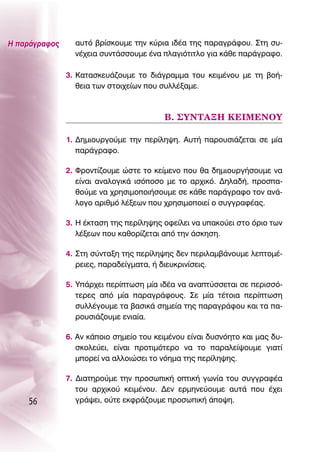 ∏ ·Ú¿ÁÚ·ÊÔ˜     ·˘Ùﬁ ‚Ú›ÛÎÔ˘ÌÂ ÙËÓ Î‡ÚÈ· È‰¤· ÙË˜ ·Ú·ÁÚ¿ÊÔ˘. ™ÙË Û˘-
                 Ó¤¯ÂÈ· Û˘ÓÙ¿ÛÛÔ˘ÌÂ ¤Ó· Ï·ÁÈﬁÙÈÙÏÔ ÁÈ· Î¿ıÂ ·Ú¿ÁÚ·ÊÔ.

               3. ∫·Ù·ÛÎÂ˘¿˙Ô˘ÌÂ ÙÔ ‰È¿ÁÚ·ÌÌ· ÙÔ˘ ÎÂÈÌ¤ÓÔ˘ ÌÂ ÙË ‚Ô‹-
                  ıÂÈ· ÙˆÓ ÛÙÔÈ¯Â›ˆÓ Ô˘ Û˘ÏÏ¤Í·ÌÂ.



                                         μ. ™À¡Δ∞•∏ ∫∂πª∂¡OÀ

               1. ¢ËÌÈÔ˘ÚÁÔ‡ÌÂ ÙËÓ ÂÚ›ÏË„Ë. ∞˘Ù‹ ·ÚÔ˘ÛÈ¿˙ÂÙ·È ÛÂ Ì›·
                  ·Ú¿ÁÚ·ÊÔ.

               2. ºÚÔÓÙ›˙Ô˘ÌÂ ÒÛÙÂ ÙÔ ÎÂ›ÌÂÓÔ Ô˘ ı· ‰ËÌÈÔ˘ÚÁ‹ÛÔ˘ÌÂ Ó·
                  Â›Ó·È ·Ó·ÏÔÁÈÎ¿ ÈÛﬁÔÛÔ ÌÂ ÙÔ ·Ú¯ÈÎﬁ. ¢ËÏ·‰‹, ÚÔÛ·-
                  ıÔ‡ÌÂ Ó· ¯ÚËÛÈÌÔÔÈ‹ÛÔ˘ÌÂ ÛÂ Î¿ıÂ ·Ú¿ÁÚ·ÊÔ ÙÔÓ ·Ó¿-
                  ÏÔÁÔ ·ÚÈıÌﬁ Ï¤ÍÂˆÓ Ô˘ ¯ÚËÛÈÌÔÔÈÂ› Ô Û˘ÁÁÚ·Ê¤·˜.

               3. ∏ ¤ÎÙ·ÛË ÙË˜ ÂÚ›ÏË„Ë˜ ÔÊÂ›ÏÂÈ Ó· ˘·ÎÔ‡ÂÈ ÛÙÔ ﬁÚÈÔ ÙˆÓ
                  Ï¤ÍÂˆÓ Ô˘ Î·ıÔÚ›˙ÂÙ·È ·ﬁ ÙËÓ ¿ÛÎËÛË.

               4. ™ÙË Û‡ÓÙ·ÍË ÙË˜ ÂÚ›ÏË„Ë˜ ‰ÂÓ ÂÚÈÏ·Ì‚¿ÓÔ˘ÌÂ ÏÂÙÔÌ¤-
                  ÚÂÈÂ˜, ·Ú·‰Â›ÁÌ·Ù·, ‹ ‰ÈÂ˘ÎÚÈÓ›ÛÂÈ˜.

               5. À¿Ú¯ÂÈ ÂÚ›ÙˆÛË Ì›· È‰¤· Ó· ·Ó·Ù‡ÛÛÂÙ·È ÛÂ ÂÚÈÛÛﬁ-
                  ÙÂÚÂ˜ ·ﬁ Ì›· ·Ú·ÁÚ¿ÊÔ˘˜. ™Â Ì›· Ù¤ÙÔÈ· ÂÚ›ÙˆÛË
                  Û˘ÏÏ¤ÁÔ˘ÌÂ Ù· ‚·ÛÈÎ¿ ÛËÌÂ›· ÙË˜ ·Ú·ÁÚ¿ÊÔ˘ Î·È Ù· ·-
                  ÚÔ˘ÛÈ¿˙Ô˘ÌÂ ÂÓÈ·›·.

               6. ∞Ó Î¿ÔÈÔ ÛËÌÂ›Ô ÙÔ˘ ÎÂÈÌ¤ÓÔ˘ Â›Ó·È ‰˘ÛÓﬁËÙÔ Î·È Ì·˜ ‰˘-
                  ÛÎÔÏÂ‡ÂÈ, Â›Ó·È ÚÔÙÈÌﬁÙÂÚÔ Ó· ÙÔ ·Ú·ÏÂ›„Ô˘ÌÂ ÁÈ·Ù›
                  ÌÔÚÂ› Ó· ·ÏÏÔÈÒÛÂÈ ÙÔ ÓﬁËÌ· ÙË˜ ÂÚ›ÏË„Ë˜.

               7. ¢È·ÙËÚÔ‡ÌÂ ÙËÓ ÚÔÛˆÈÎ‹ ÔÙÈÎ‹ ÁˆÓ›· ÙÔ˘ Û˘ÁÁÚ·Ê¤·
                  ÙÔ˘ ·Ú¯ÈÎÔ‡ ÎÂÈÌ¤ÓÔ˘. ¢ÂÓ ÂÚÌËÓÂ‡Ô˘ÌÂ ·˘Ù¿ Ô˘ ¤¯ÂÈ
    56            ÁÚ¿„ÂÈ, Ô‡ÙÂ ÂÎÊÚ¿˙Ô˘ÌÂ ÚÔÛˆÈÎ‹ ¿Ô„Ë.
 