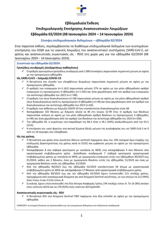 1
Εβδομαδιαία Έκθεση
Επιδημιολογικής Επιτήρησης Αναπνευστικών Λοιμώξεων
Εβδομάδα 02/2024 (08 Ιανουαρίου 2024 – 14 Ιανουαρί...