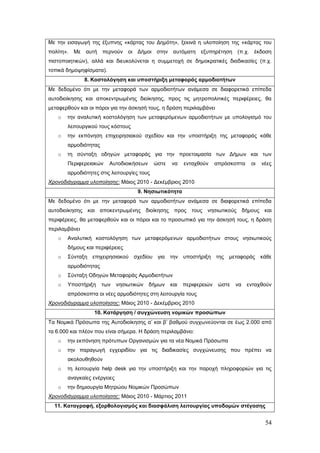 Με την εισαγωγή της έξυπνης «κάρτας του Δημότη», ξεκινά η υλοποίηση της «κάρτας του
πολίτη». Με    αυτή περνούν οι Δήμοι στην αυτόματη εξυπηρέτηση (π.χ. έκδοση
πιστοποιητικών), αλλά και διευκολύνεται η συμμετοχή σε δημοκρατικές διαδικασίες (π.χ.
τοπικά δημοψηφίσματα).
               8. Κοστολόγηση και υποστήριξη μεταφοράς αρμοδιοτήτων
Με δεδομένο ότι με την μεταφορά των αρμοδιοτήτων ανάμεσα σε διαφορετικά επίπεδα
αυτοδιοίκησης και αποκεντρωμένης διοίκησης, προς τις μητροπολιτικές περιφέρειες, θα
μεταφερθούν και οι πόροι για την άσκησή τους, η δράση περιλαμβάνει
   o   την αναλυτική κοστολόγηση των μεταφερόμενων αρμοδιοτήτων με υπολογισμό του
       λειτουργικού τους κόστους
   o   την εκπόνηση επιχειρησιακού σχεδίου και την υποστήριξη της μεταφοράς κάθε
       αρμοδιότητας
   o   τη σύνταξη οδηγών μεταφοράς για την προετοιμασία των Δήμων και των
       Περιφερειακών     Αυτοδιοικήσεων     ώστε   να    ενταχθούν     απρόσκοπτα    οι   νέες
       αρμοδιότητες στις λειτουργίες τους
Χρονοδιάγραμμα υλοποίησης: Μάιος 2010 - Δεκέμβριος 2010
                                    9. Νησιωτικότητα
Με δεδομένο ότι με την μεταφορά των αρμοδιοτήτων ανάμεσα σε διαφορετικά επίπεδα
αυτοδιοίκησης και αποκεντρωμένης διοίκησης προς τους νησιωτικούς δήμους και
περιφέρειες, θα μεταφερθούν και οι πόροι και το προσωπικό για την άσκησή τους, η δράση
περιλαμβάνει
   o   Αναλυτική κοστολόγηση των μεταφερόμενων αρμοδιοτήτων στους νησιωτικούς
       δήμους και περιφέρειες
   o   Σύνταξη επιχειρησιακού σχεδίου για την υποστήριξη της μεταφοράς                    κάθε
       αρμοδιότητας
   o   Σύνταξη Οδηγών Μεταφοράς Αρμοδιοτήτων
   o   Υποστήριξη     των    νησιωτικών   δήμων    και   περιφερειών    ώστε   να   ενταχθούν
       απρόσκοπτα οι νέες αρμοδιότητες στη λειτουργία τους
Χρονοδιάγραμμα υλοποίησης: Μάιος 2010 - Δεκέμβριος 2010
                  10. Κατάργηση / συγχώνευση νομικών προσώπων
Τα Νομικά Πρόσωπα της Αυτοδιοίκησης α’ και β’ βαθμού συγχωνεύονται σε έως 2.000 από
τα 6.000 και πλέον που είναι σήμερα. Η δράση περιλαμβάνει:
   o   την εκπόνηση πρότυπων Οργανισμών για τα νέα Νομικά Πρόσωπα
   o   την παραγωγή εγχειριδίου για τις διαδικασίες συγχώνευσης που πρέπει να
       ακολουθηθούν
   o   τη λειτουργία help desk για την υποστήριξη και την παροχή πληροφοριών για τις
       αναγκαίες ενέργειες
   o   την δημιουργία Μητρώου Νομικών Προσώπων
Χρονοδιάγραμμα υλοποίησης: Μάιος 2010 - Μάρτιος 2011
  11. Καταγραφή, εξορθολογισμός και διασφάλιση λειτουργίας υποδομών στέγασης


                                                                                           54
 