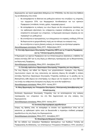 Δημιουργείται, για πρώτη φορά βάση δεδομένων στο ΥΠΕΣΑΗΔ, που θα είναι στην διάθεση
της αυτοδιοίκησης στην οποία:
   o   θα καταγράφονται τα ιδιόκτητα και μισθωμένα ακίνητα που στεγάζουν τις υπηρεσίες
       των σημερινών ΟΤΑ, των Νομαρχιακών Αυτοδιοικήσεων και των κρατικών
       Περιφερειών (τοποθεσία, έκταση, χρήση, περιγραφή χώρων)
   o   θα καταγράφονται τις ανάγκες των νέων δομών και θα ενσωματώνει προτάσεις για
       την ορθολογική αξιοποίηση του υπάρχοντος κτιριακού αποθέματος με στόχο την
       απρόσκοπτη λειτουργία των υπηρεσιών, τη δημιουργία οικονομιών κλίμακας και τον
       περιορισμό των μισθωμένων
   o   θα εντοπίζονται οι προτεραιότητες των ελλειμματικών σε κτιριακές υποδομές ΟΤΑ και
       θα διερευνώνται οι χρηματοδοτικές πηγές για την κάλυψη των αναγκών τους
   o   θα εντοπίζονται οι πρώτες βασικές ανάγκες σε επισκευές και εξοπλισμό γραφείου
Χρονοδιάγραμμα υλοποίησης: Μάιος 2010 - Φεβρουάριος 2011
12. Σύνταξη Οργανισμών Εσωτερικής Υπηρεσίας (ΟΕΥ) για τις 13 αιρετές Περιφέρειες
                          και τις 7 Αποκεντρωμένες Διοικήσεις
Η δημιουργία των αιρετών Περιφερειών και των Αποκεντρωμένων Διοικήσεων, επιβάλλει την
ανάγκη σύνταξης ΟΕΥ για τις νέες δομές με ειδικότερες προσαρμογές για τις Μητροπολιτικές
και Νησιωτικές Περιφέρειες.
Χρονοδιάγραμμα υλοποίησης: Μάιος 2010 - Δεκέμβριος 2010
     13. Σύνταξη πρότυπων Οργανισμών Εσωτερικής Υπηρεσίας για τους Δήμους
Για τους δήμους, και ειδικά του δήμους των μητροπολιτικών περιοχών, τους δήμους
πρωτευουσών νομών και τους νησιωτικούς και ορεινούς Δήμους θα καλυφθεί η ανάγκη
σύνταξης Προτύπων Οργανισμών Εσωτερικής Υπηρεσίας (ανάλογα με το μέγεθος και τις
ιδιαιτερότητες κάθε Δήμου) και υποστήριξης των Δήμων για την έγκριση των νέων ΟΕΥ και
την ένταξη του ανθρώπινου δυναμικού στις δομές που αυτοί θα προβλέπουν.
Χρονοδιάγραμμα υλοποίησης: Μάιος 2010 - Ιούνιος 2011
14. Νέος Οργανισμός του Υπουργείου Εσωτερικών, Ηλεκτρονικής Διακυβέρνησης και
                                    Αποκέντρωσης
Εκπόνηση Οργανισμού Εσωτερικής Υπηρεσίας που να ανταποκρίνεται στις ανάγκες
προσαρμογής των υπηρεσιών του στη Νέα Αρχιτεκτονική και στις ανάγκες που
δημιουργούνται.
Χρονοδιάγραμμα υλοποίησης: Μάιος 2010 - Ιούνιος 2011
                      15. Συνολική Χαρτογράφηση αρμοδιοτήτων
Στόχος της δράσης είναι, να καταγράψει το σύνολο των αρμοδιοτήτων όπου και αν
ασκούνται, με ορθολογικό τρόπο ώστε να διευκολυνθεί η περαιτέρω σταδιακή μεταφορά
αρμοδιοτήτων στις νέες δομές που δημιουργούνται.
Χρονοδιάγραμμα υλοποίησης: Μάιος 2010 - Δεκέμβριος 2011
                          16. Ολοκλήρωση θεσμικού πλαισίου
Με την έκδοση των αναγκαίων Προεδρικών Διαταγμάτων, των Κωδίκων Τοπικής και
Περιφερειακής Αυτοδιοίκησης, των απαιτούμενων Υπουργικών Αποφάσεων, ΚΥΑ, εγκυκλίων


                                                                                       55
 