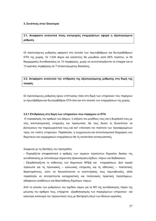 3. Συνέπειες στην Οικονομία



3.1. Αναφέρατε αναλυτικά ποιες κατηγορίες επιχειρήσεων αφορά η αξιολογούμενη
ρύθμιση.



Οι προτεινόμενες ρυθμίσεις αφορούν στο σύνολο των πρωτοβάθμιων και δευτεροβάθμιων
ΟΤΑ της χώρας. Οι 1.034 Δήμοι και κοινότητες θα μειωθούν κατά 65% περίπου, οι 54
Νομαρχιακές Αυτοδιοικήσεις σε 13 περιφέρειες, χωρίς να συνυπολογίζονται τα επαρχία και οι
13 κρατικές περιφέρειες σε 7 αποκεντρωμένες διοικήσεις.



3.2. Αναφέρατε αναλυτικά την επίδραση της αξιολογούμενης ρύθμισης στη δομή της
αγοράς.



Οι προτεινόμενες ρυθμίσεις έχουν επιπτώσεις τόσο στη δομή των υπηρεσιών που παρέχουν
οι πρωτοβάθμιοι και δευτεροβάθμιοι ΟΤΑ όσο και στο σύνολο των επιχειρήσεων της χώρας.




3.2.1 Επιδράσεις στη δομή των υπηρεσιών που παρέχουν οι ΟΤΑ
Ο περιορισμός του αριθμού των Δήμων, η αύξηση του μεγέθους τους και η θωράκισή τους με
νέες αποτελεσματικές υπηρεσίες και προσωπικό, θα τους δώσει τη δυνατότητα να
βελτιώσουν την παραγωγικότητά τους και κατ’ επέκταση την ποιότητα των προσφερομένων
προς τον πολίτη υπηρεσιών. Παράλληλα, η συγχώνευση και αποτελεσματική διαχείριση των
δημοτικών και νομαρχιακών επιχειρήσεων θα τις καταστήσει ανταγωνιστικές.



Σύμφωνα με τις διατάξεις του προσχεδίου
- Περιορίζεται αποφασιστικά ο αριθμός των νομικών προσώπων δημοσίου δικαίου της
αυτοδιοίκησης με αποτέλεσμα σημαντική εξοικονόμηση εξόδων, πόρων και διαδικασιών.
- Εξορθολογίζεται το καθεστώς των δημοτικών ΝΠΔΔ και          επιχειρήσεων. Δύο νομικά
πρόσωπα για τις προνοιακές – κοινωνικές υπηρεσίες και τις αθλητικές – πολιτιστικές
δραστηριότητες, ώστε να διευκολύνονται οι αναπτυξιακές τους πρωτοβουλίες, αλλά
παράλληλα να αποτρέπονται καταχρηστικές και πελατειακές πρακτικές προσλήψεων,
αδιαφανών αναθέσεων και διασπάθισης δημόσιων πόρων.

Από το σύνολο των ρυθμίσεων του σχεδίου νόμου για τα ΝΠ της αυτοδιοίκησης πέραν της
μείωσης του αριθμού τους, επέρχεται εξορθολογισμός των παρεχόμενων υπηρεσιών και
καλύτερη κατανομή του προσωπικού τους με διατήρηση όλων των θέσεων εργασίας.


                                                                                      57
 