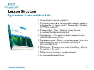 Lesson Structure 1. Introduction and historical perspective. 2. The fundamentals – What background information is needed to understand the key module content?  For example, in Refining, it is "What is crude oil?"  3. The key content – Again in Refining, the key chemical processes and products are described. 4. Business drivers – The way an oil & gas management team looks at this business segment. 5. Business processes – The way companies manage risk and the business decisions used to conduct the technical and commercial operations.  6. Global trends – Those economic and technical factors affecting the business in the future. 7. References and websites for use by the student.  8. An extensive Glossary of Terms. Eight lessons in each module include…  