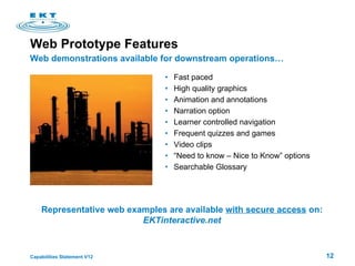 Web Prototype Features Fast paced High quality graphics Animation and annotations Narration option Learner controlled navigation Frequent quizzes and games Video clips “ Need to know – Nice to Know” options  Searchable Glossary Web demonstrations available for downstream operations… Representative web examples are available  with secure access  on: EKTinteractive.net 