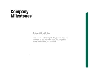 Company
Milestones
Patent Portfolio
Have secured both design & utility patents in several
countries for features of the shoe, including strap
design, lateral outriggers, and look
 