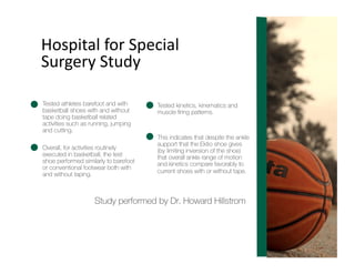 Hospital	for	Special		
Surgery	Study
Tested athletes barefoot and with
basketball shoes with and without
tape doing basketball related
activities such as running, jumping
and cutting.
Study performed by Dr. Howard Hillstrom
Tested kinetics, kinematics and
muscle ﬁring patterns.
Overall, for activities routinely
executed in basketball, the test
shoe performed similarly to barefoot
or conventional footwear both with
and without taping.
This indicates that despite the ankle
support that the Ektio shoe gives
(by limiting inversion of the shoe)
that overall ankle range of motion
and kinetics compare favorably to
current shoes with or without tape.
 