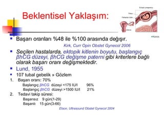 Beklentisel Yaklaşım: Başarı oranları %48 ile %100 arasında değişir.   K irk, Curr Opin Obstet Gynecol 2006 Seçilen hastalarda,  ektopik kitlenin boyutu, başlangıç  β hCG   düzeyi,  β hCG değişme paterni  gibi kriterlere bağlı olarak başarı oranı değişmektedir. Lund, 1955 107 tubal gebelik  »  Gözlem 1.  Başarı oranı: 70% Başlangıç  β hCG   düzeyi  < 175 IU/l  96% Başlangıç  β hCG   düzeyi  > 1500 IU/l  21% 2.  Tedavi takip süresi:    Başarısız  9 gün(1-29) Başarılı  15 gün(3-66) Elson, Ultrasound Obstet Gynecol 2004 