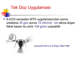 Tek Doz Uygulaması ß -hCG seviyeleri MTX uygulamasından sonra ortalama  35 gün  sonra  15 mIU/mL’ nin  altına düşer fakat bazen bu süre  109 güne  uzayabilir Lipscomb GH et al. N Engl J Med 1999 