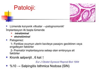 Patoloji: L ümende koryonik villuslar   -> patognomonik! İmplantasyon ilk başta lümende intralüminal  ekstralüminal Patogenez: 1- Fertilize ovumun uterin kaviteye pasajını geciktiren veya engelleyen faktörler 2- Prematür implantasyona sebep olan embryoya ait faktörler Kronik salpenjit , 6 kat  ↑ Eur J Obstet Gynecol Reprod Biol 1994 %10  ->  Salpingitis Isthmica Nodosa (SIN) 